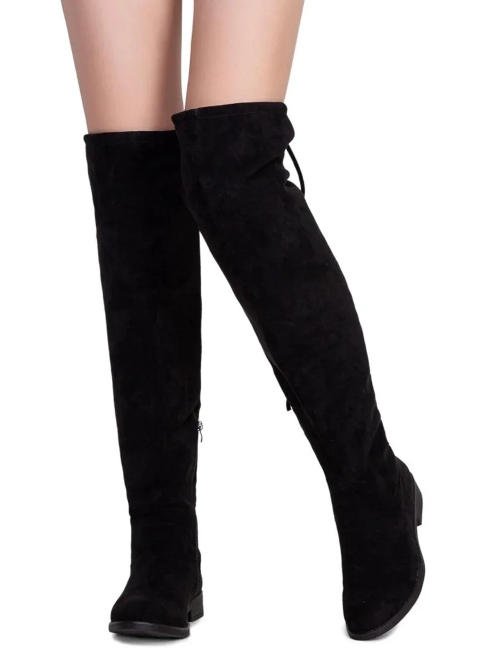 Women's Black Synthetic Suede Side Zipper Flat Heel Stretch Over The Knee Boots